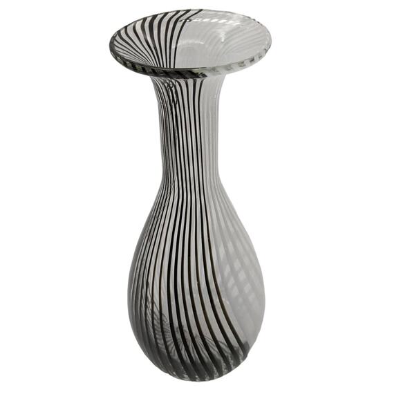 Hand Blown Filigrana Canned Glass Vase Black White Stripe Dino Martens-Like 11.5 - Picture 9 of 13